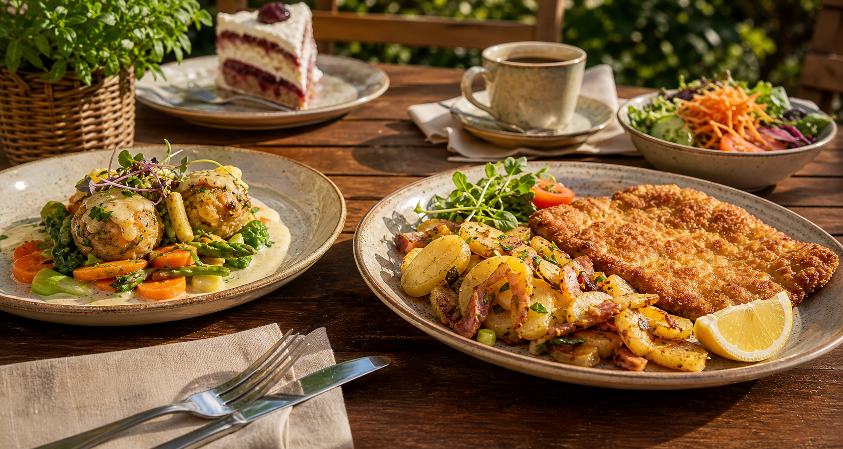 Pfälzer Gerichte, Salat, Kaffee und Kuchen auf einem Holztisch
